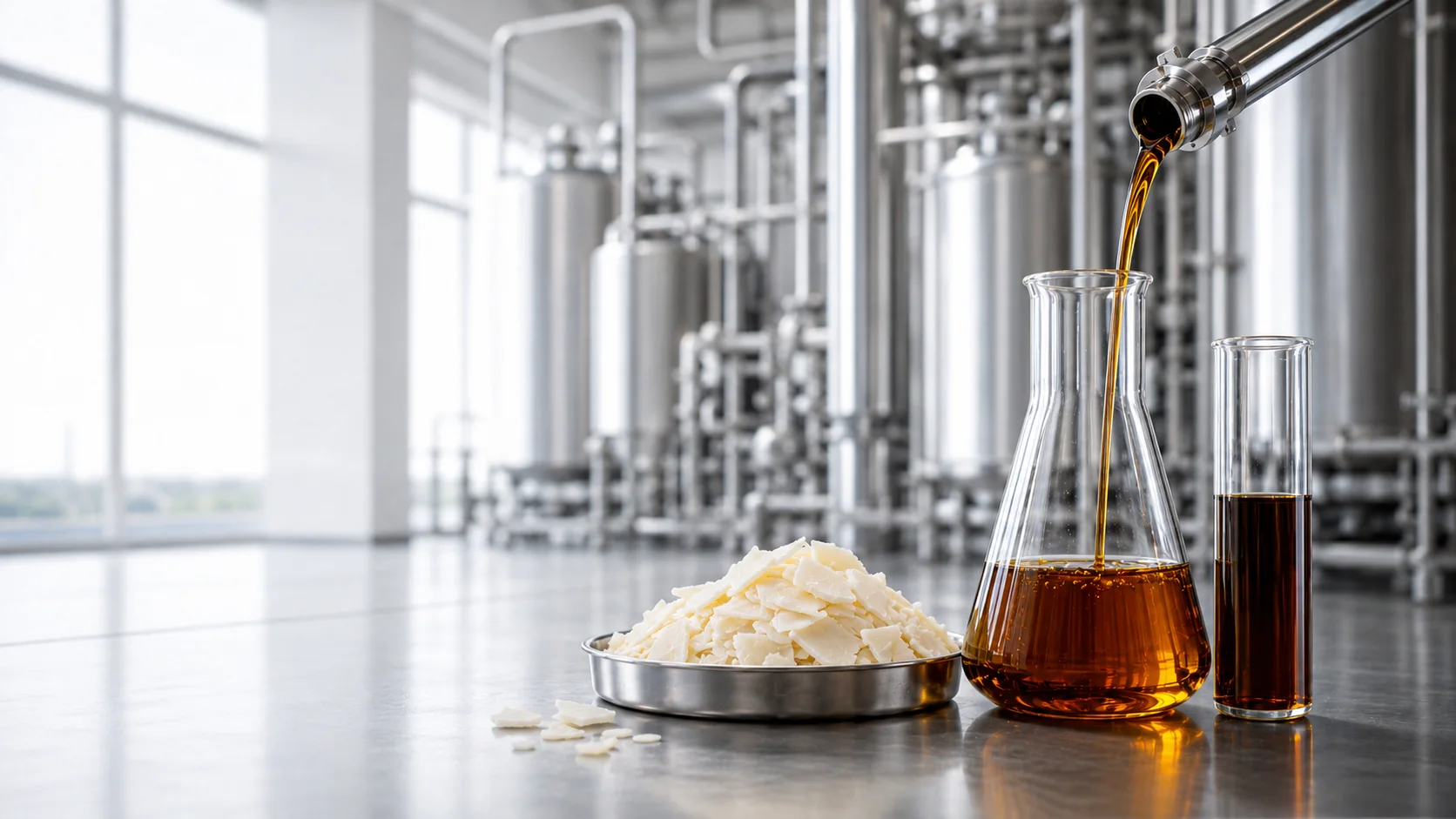 Oil-based derivatives and soap flakes presented beside laboratory glassware in an industrial plant.
