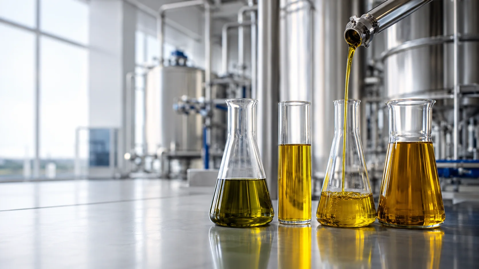 Olive oil grades presented in laboratory glassware within an industrial oil platform.